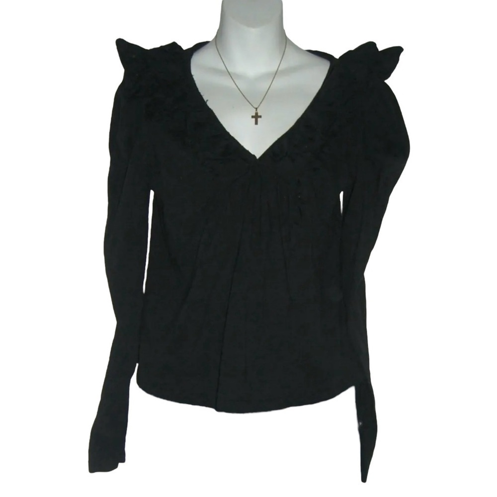 Anthropologie Black Blouse Ruffle Peasant Top Boho Shirt Twee Goth Academia Sz M